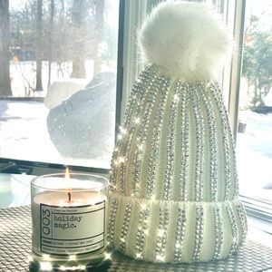 White Rhinestone Hat, Bling Warm Winter Hat, Ski…